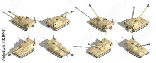 Military Transportation isometric vector. self propelled howitzer vehicle.