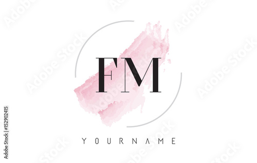 FM F M Watercolor Letter Logo Design with Circular Brush Pattern.