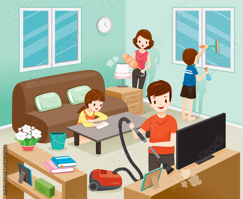 Father, Mother, Son And Daughter Cleaning Home Together, Housework, Appliance, House, Domestic Tools, Spring Season