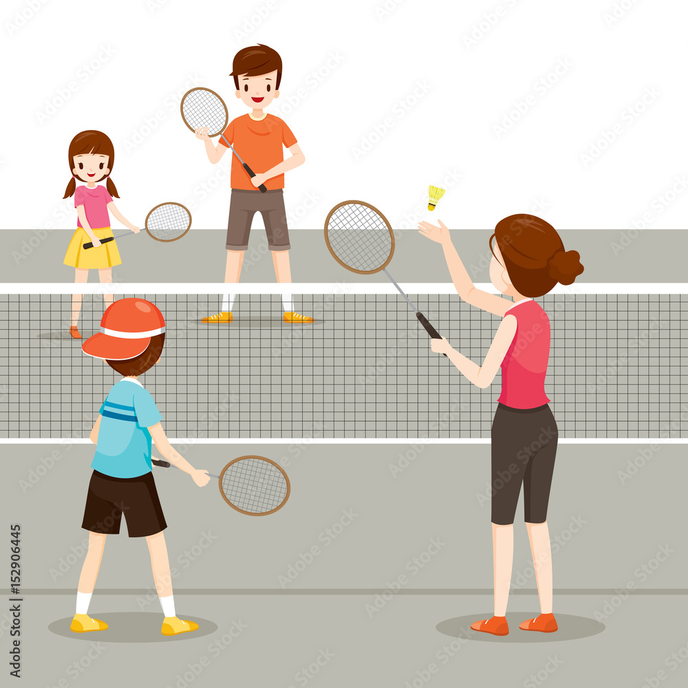 Fototapeta premium Family Playing Badminton For Good Health, Healthy, Exercise, Sport, Activity, Body, Vacations, Holiday, Relationship