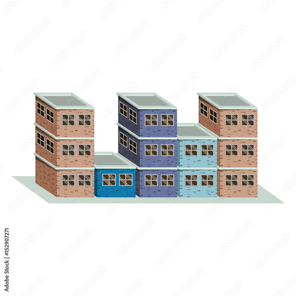 colorful image realistic set buildings with brick facade with different floors vector illustration
