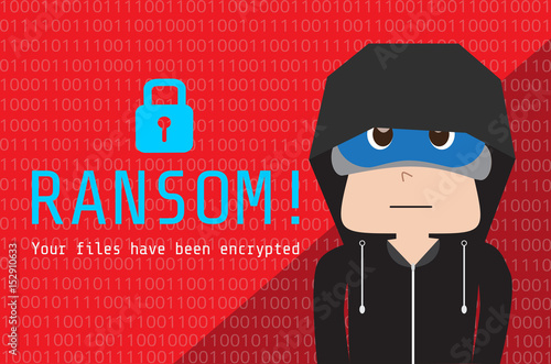 Illustration of hoodie people on background data that encrypted by ransom ware, Wanna Cry malware concept.