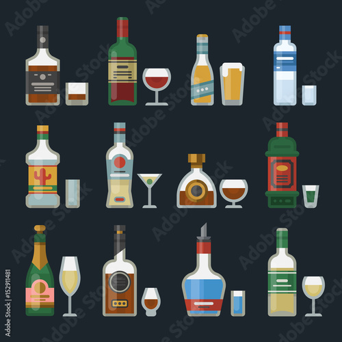 Alcohol strong drinks in bottles cocktail glasses whiskey cognac brandy beer champagne wine vector illustration