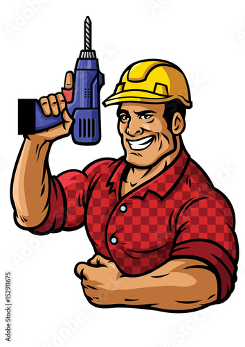 muscular construction worker with drill