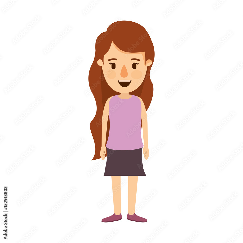 colorful image caricature full body woman with wavy long hair in skirt vector illustration colorful image caricature full body woman with wavy long hair in skirt vector illustration