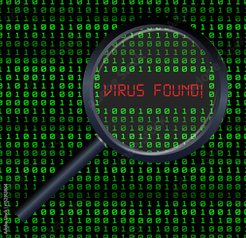 magnifying glass scanning and found virus on digital binary numeral background