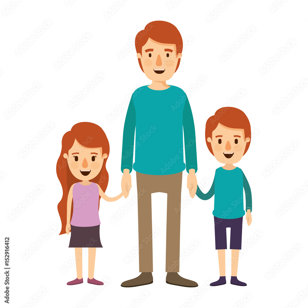 colorful image caricature full body man taken hand with girl and boy vector illustration