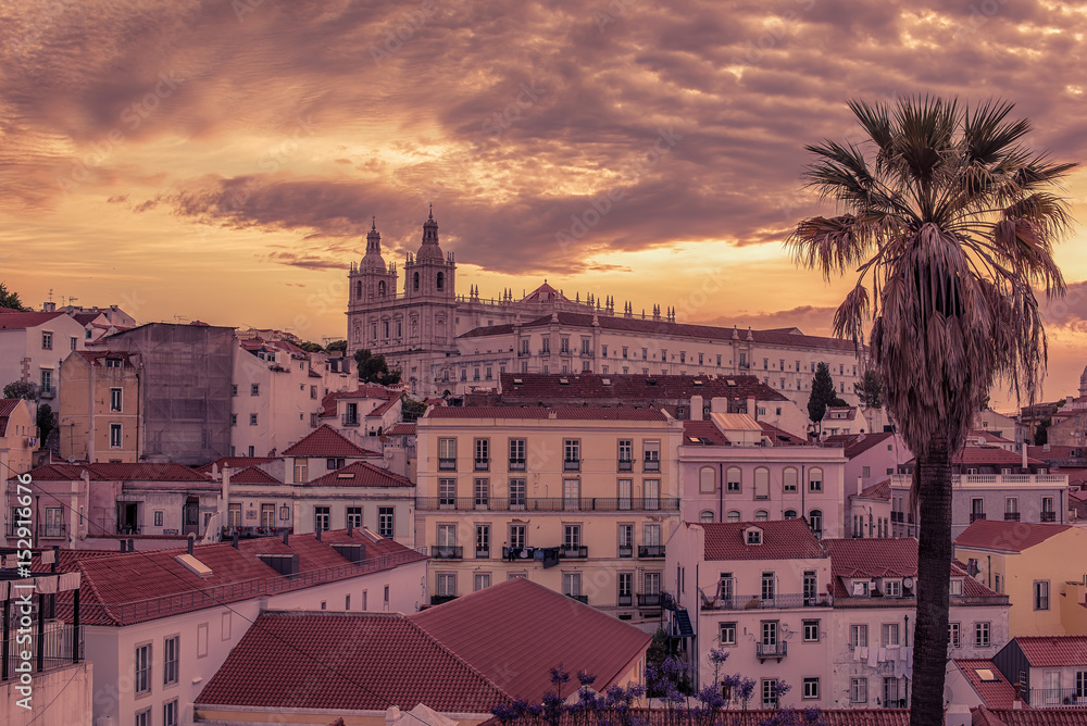Lisbon, Portugal: aerial view the old town, Alfama at sunrise
