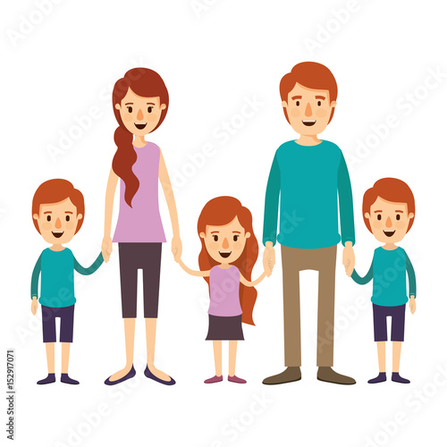 colorful image caricature family with young parents and little kids taken hands vector illustration