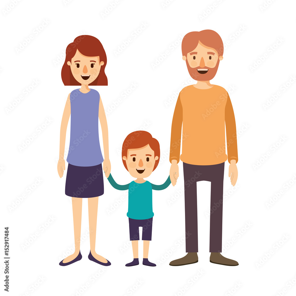 colorful image caricature family with father bearded and mom with short hair with little boy taken hands vector illustration