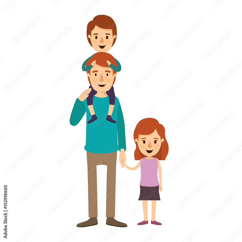 colorful image caricature young father with boy on his back and girl taken hands vector illustration