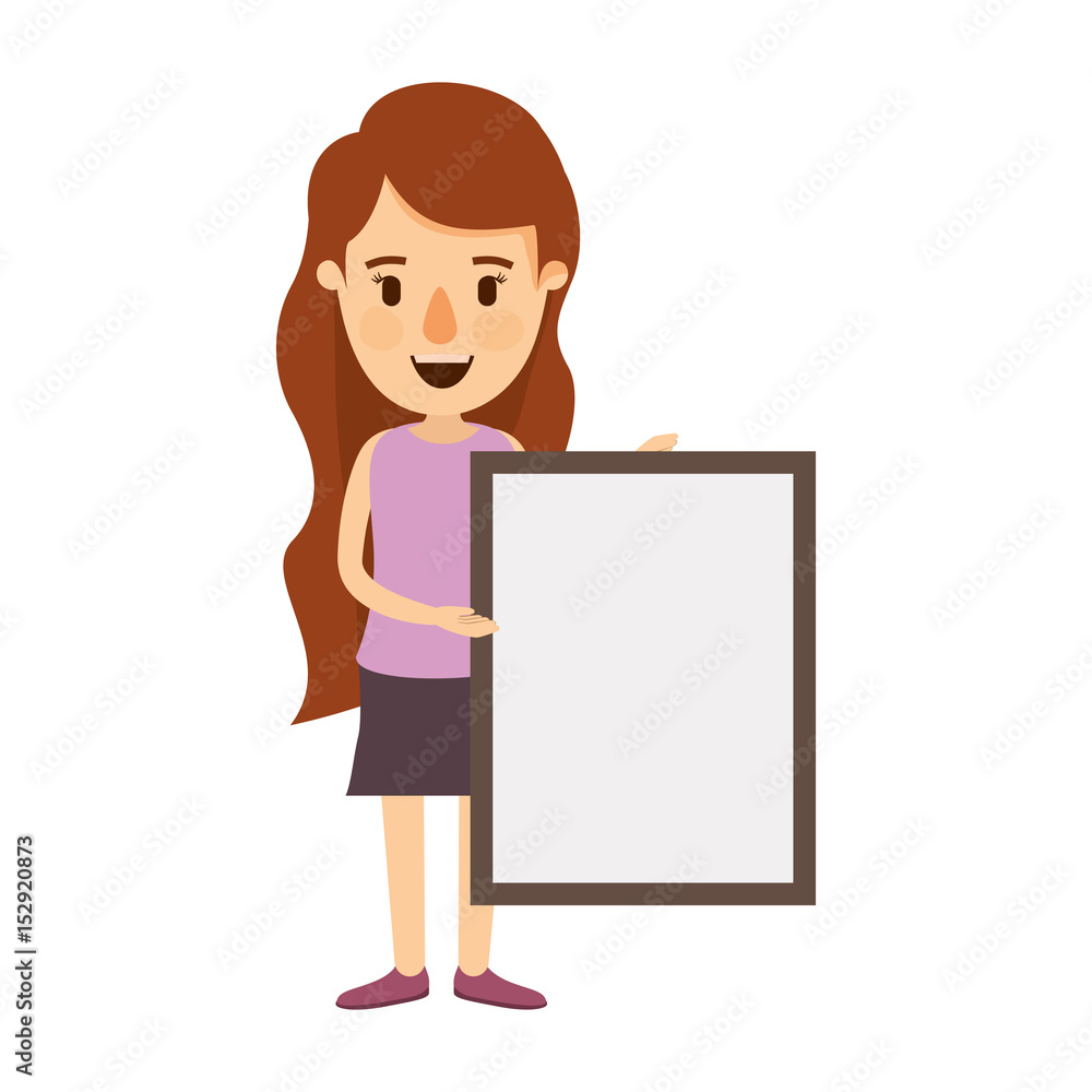 colorful image caricature full body woman holding a square poster vector illustration colorful image caricature full body woman holding a square poster vector illustration
