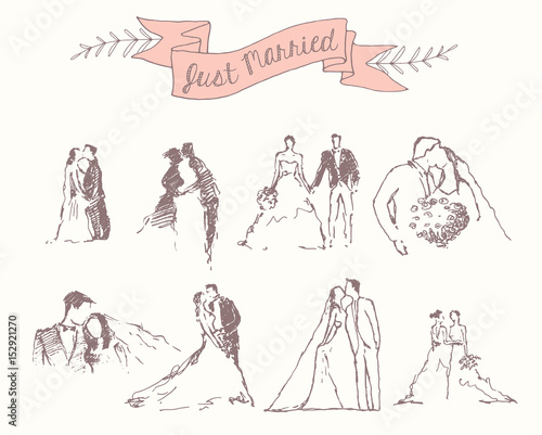 Drawn set bride groom decoration invitation vector