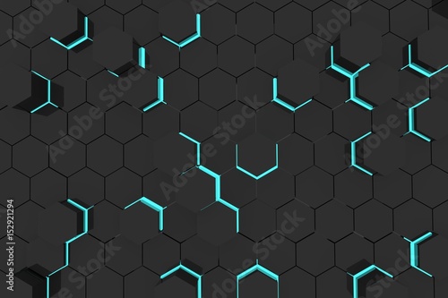 blue light abstract background in black hexagons geometric in 3D rendering
