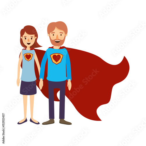 colorful image caricature full body couple parents super hero with heart symbol in uniform vector illustration
