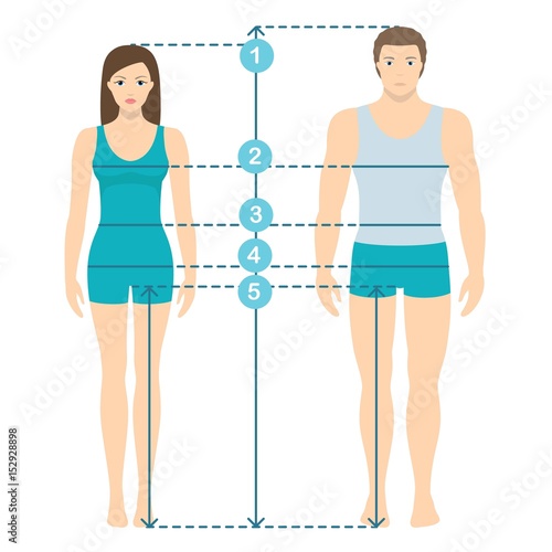 Vector illustration of man and women in full length with measurement lines of body parameters . Man and women sizes measurements. Human body measurements and proportions. Flat design.