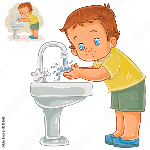 Vector illustration of a little boy washes his hands with water from a tap. Print, template, design element