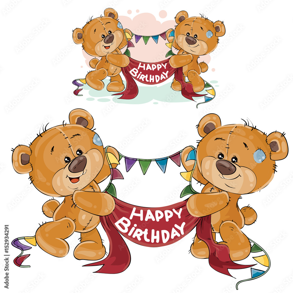 Vector Illustration Of Two Brown Teddy Bears Holding In Their Paws A Garland And Banner With The Inscription Happy Birthday Print Template Design Element For Greeting Cards And Invitations Stock Vector