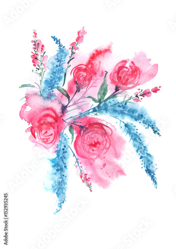 Watercolor greeting card with flowers. A vintage drawing of pink roses  blue lavender  field and gardening flowers in a bunch. On an isolated background