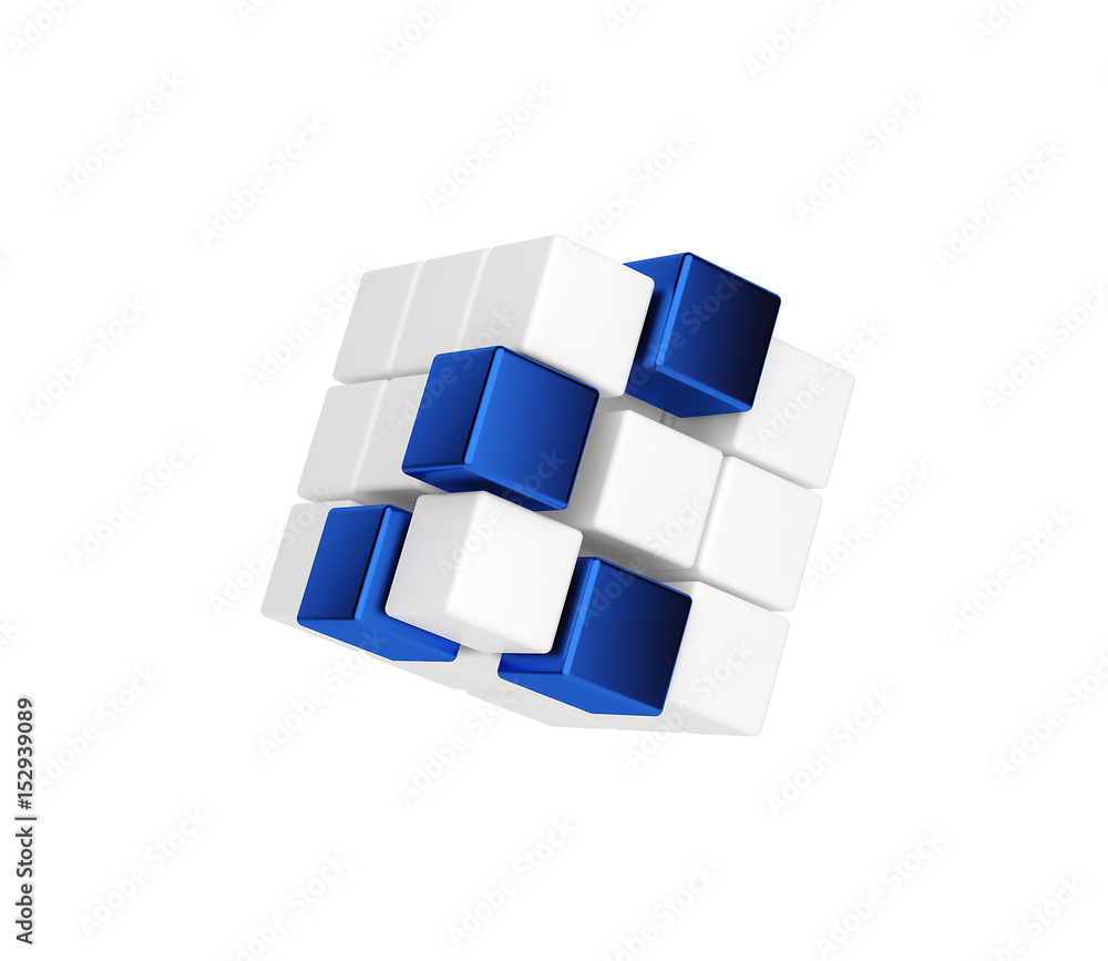 Obraz premium Abstrakcjonistyczny geometryczny kształt od błękitnych i białych sześcianów. Renderowania 3d