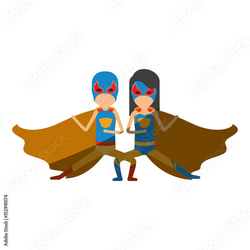 colorful silhouette with faceless duo of superheroes in defensive pose and her with straight long hair and shading vector illustration