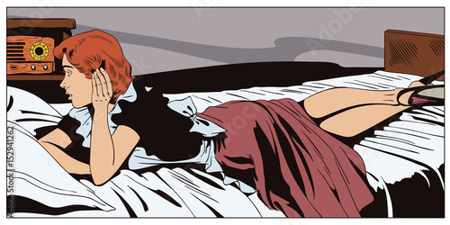 Girl is lying on bed listening to radio. People in retro style.