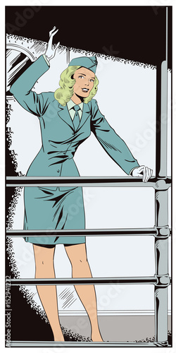 Girl in steward uniform on ship. People in retro style.