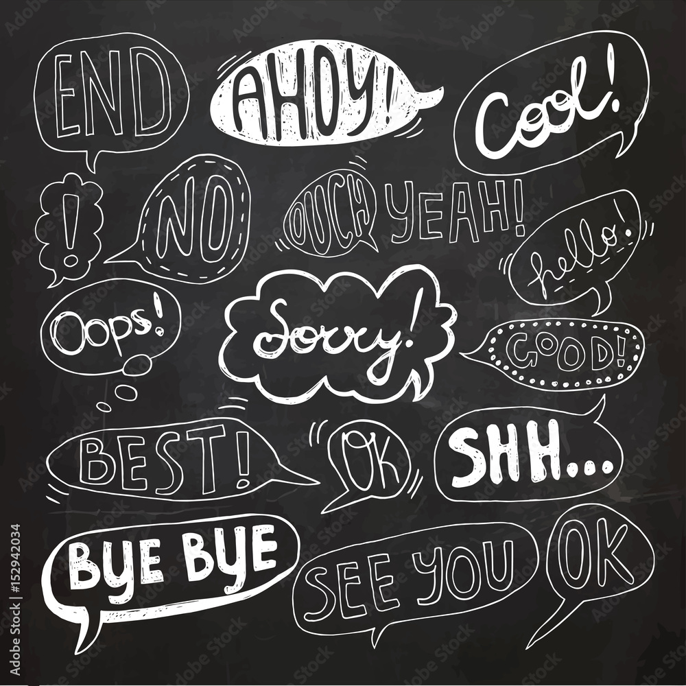 Hand drawn set of speech bubbles with handwritten text: Bye Bye,Sorry, See You, Oops, Best, Yeah, Good, Cool, Ahoy, End, Ok, Hello, No,Yes,Ouch Hand drawn set of speech bubbles with handwritten text: Bye Bye,Sorry, See You, Oops, Best, Yeah, Good, Cool, Ahoy, End, Ok, Hello, No,Yes,Ouch