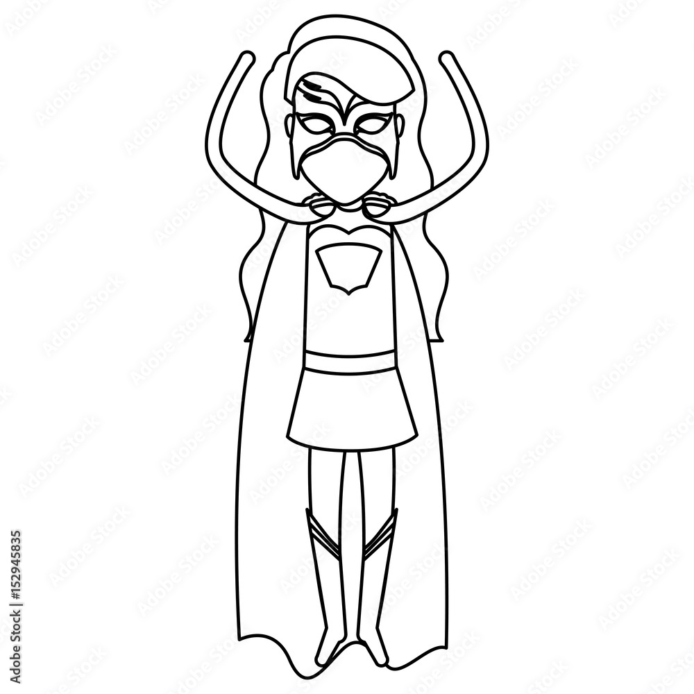 monochrome contour faceless of superhero woman flying with the arms up vector illustration