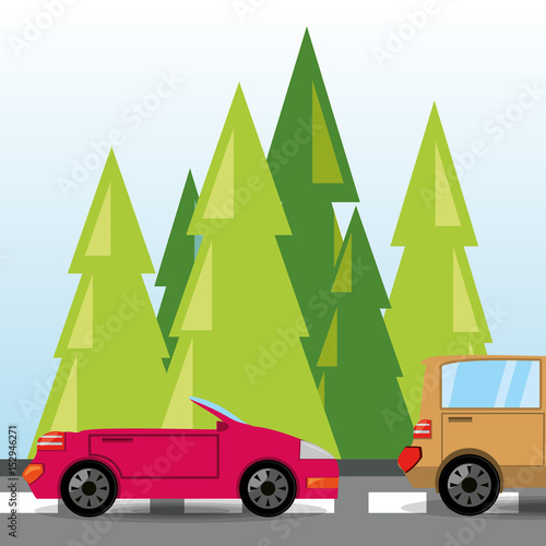 car and truck over rood with forestal landscape, vector illustration