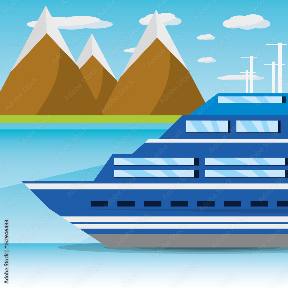 ship navigating in the ocean near a island, vector illustration