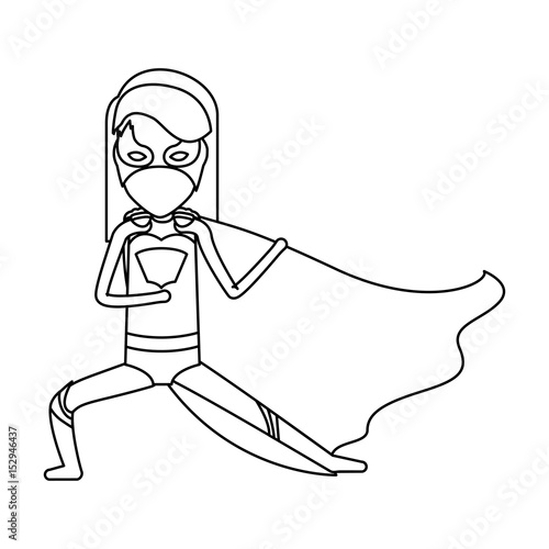 monochrome contour faceless of girl superhero in defensive pose vector illustration