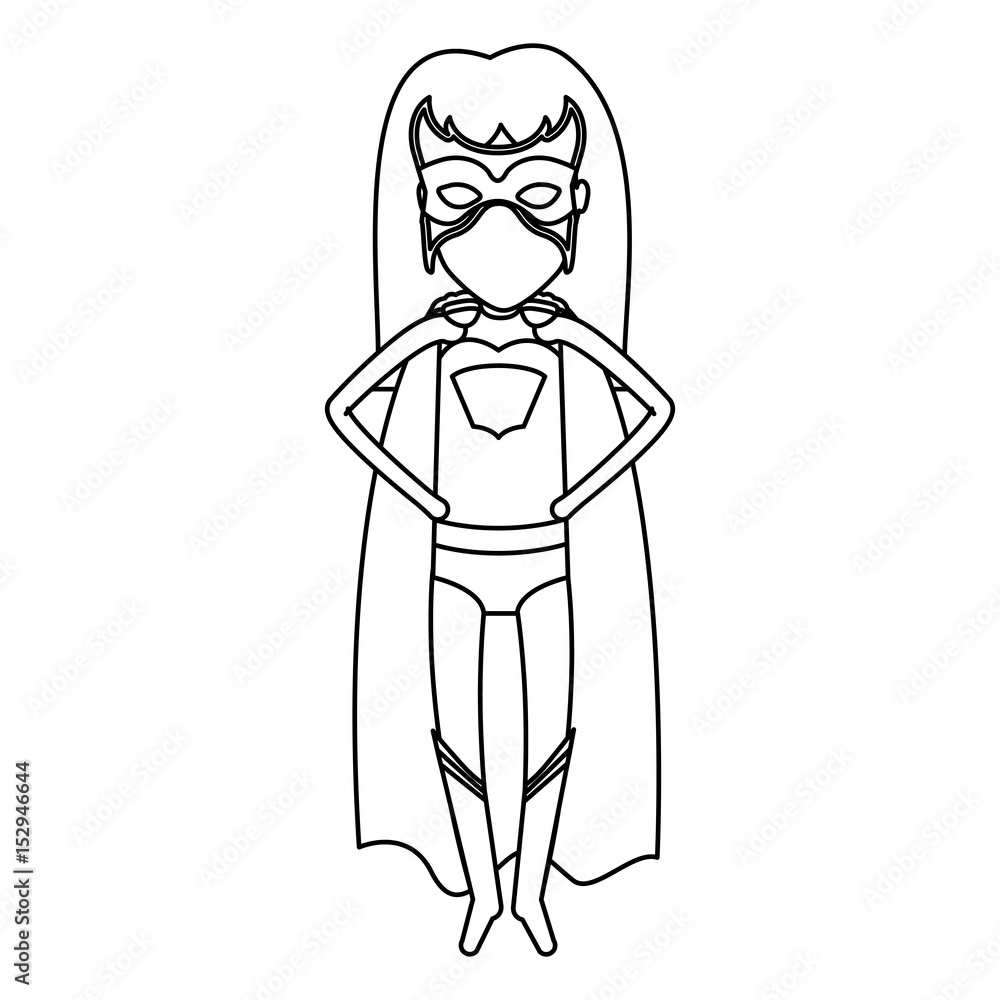 monochrome contour faceless of superhero woman flying with hands in your waist vector illustration