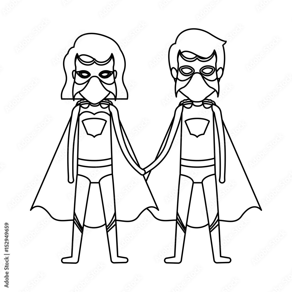 monochrome contour faceless of couple of superheroes united of the hands and her with short hair vector illustration monochrome contour faceless of couple of superheroes united of the hands and her with short hair vector illustration