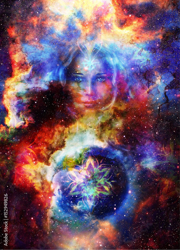 Goddess Woman with ornamental mandala and planet earth. Cosmic Space background. © jozefklopacka