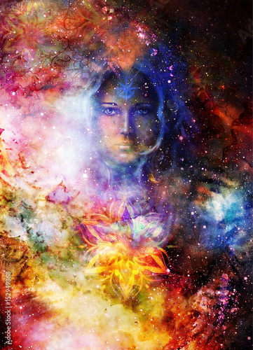 Goddess Woman and ornamets in Cosmic space. Cosmic Space background. eye contact.