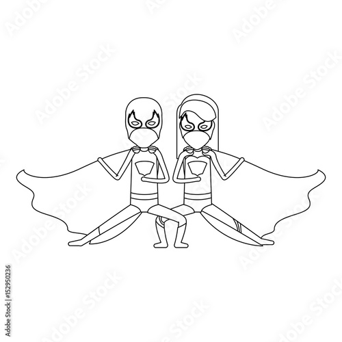 monochrome contour faceless of duo of superheroes in defensive pose and her with straight long hair vector illustration