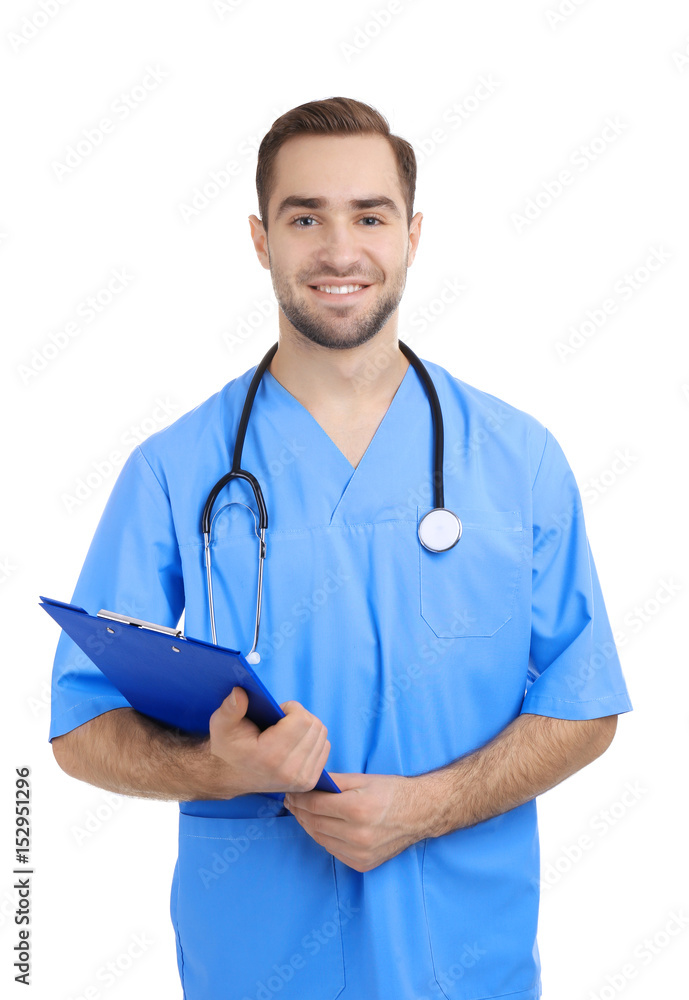 Handsome young medical assistant with clipboard on white background Handsome young medical assistant with clipboard on white background