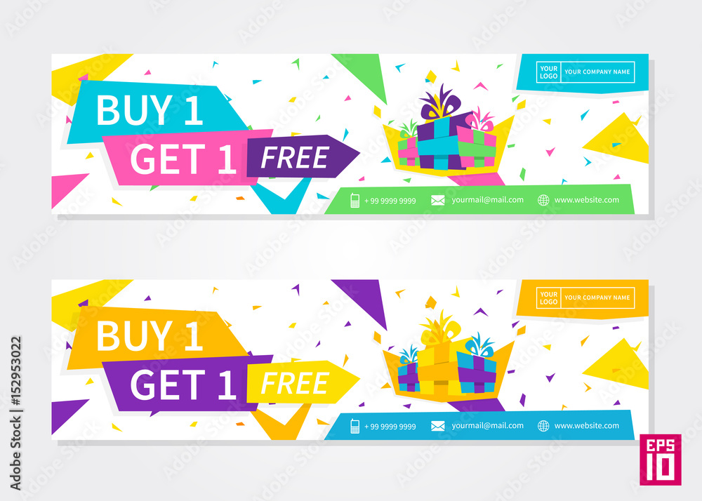 Vector colorful promotion banner Buy 1 Get 1 Free. Business offer flyer template.
