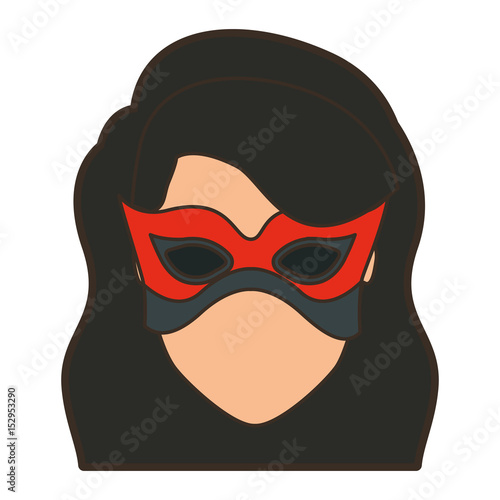 colorful silhouette with faceless girl superhero with long wavy hair with fringe and mask and thick contour vector illustration