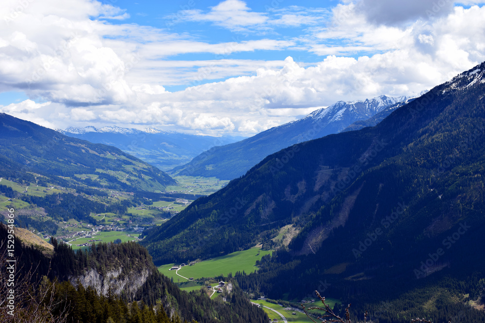 Snow capped mountains and valley on Austrian Alps. Photo location: Gerlos Pass alpine road (B165)