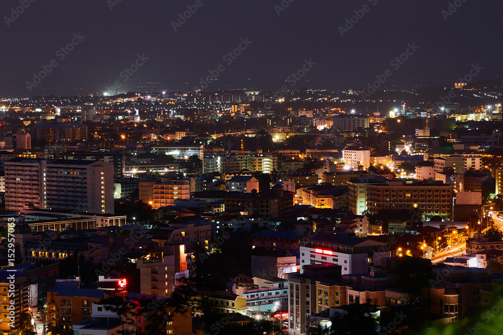 The building and skyscrapers in twilight time in Pattaya,Thailand. Pattaya city is famous about sea sport and night life entertainment.