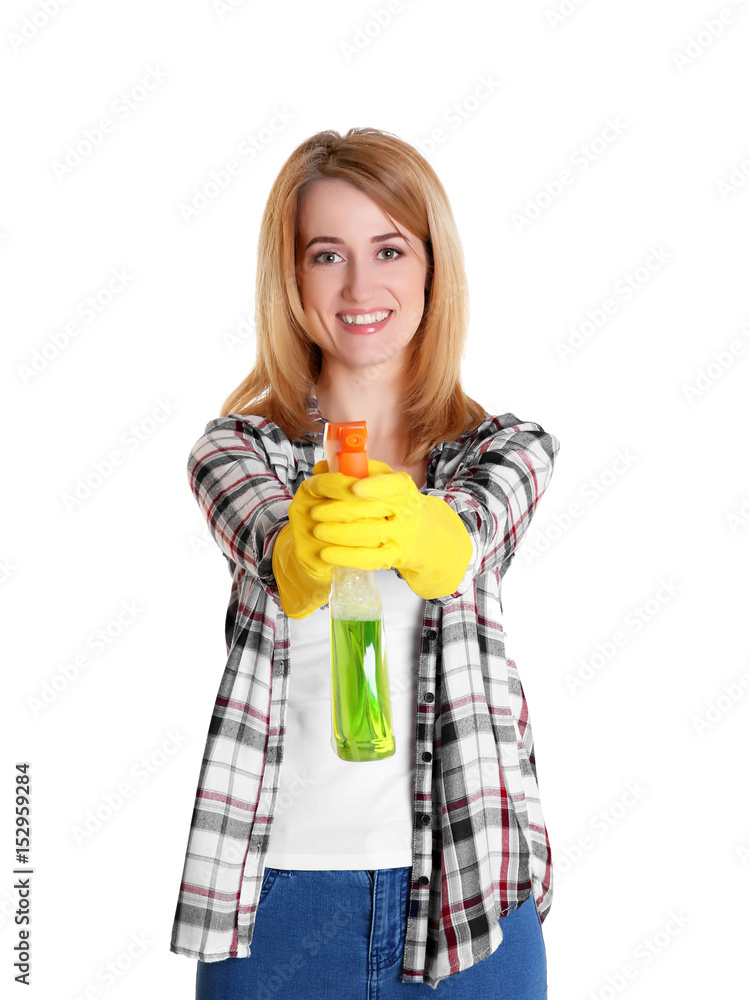 Happy young woman with spray for cleaning window on white background Happy young woman with spray for cleaning window on white background