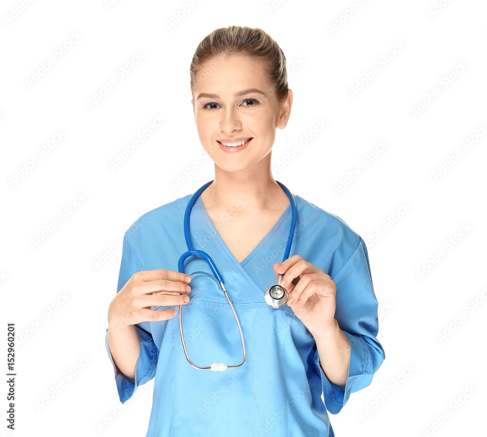 Young medical assistant with stethoscope on white background Young medical assistant with stethoscope on white background