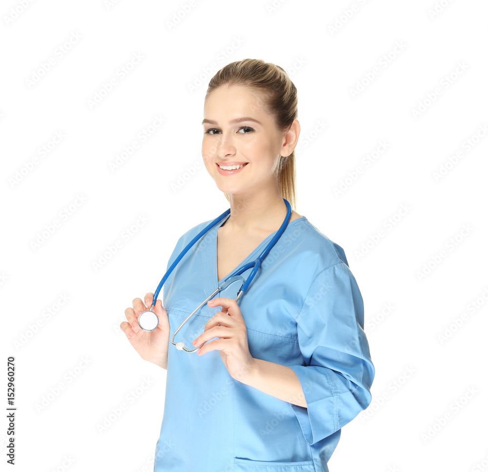 Young medical assistant with stethoscope on white background Young medical assistant with stethoscope on white background