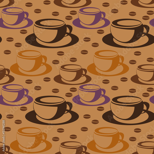 Coffee Cup with coffee grains. Seamless pattern. Vector illustration.