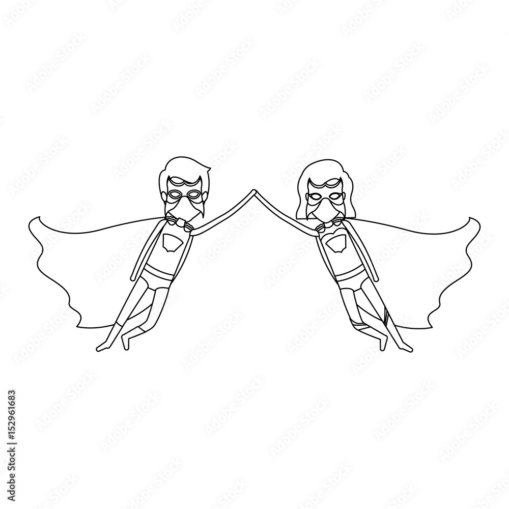 monochrome silhouette faceless of couple of superheroes flying united of the hands and her with short hair vector illustration