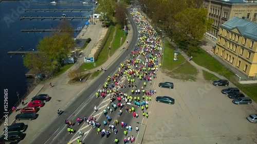 Aerial View of Lattelecom Marathon 2017 in Riga City, Latvia, Marathon Runners run at the Riga International Marathon photo