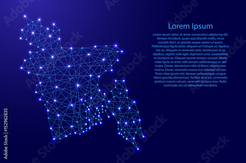 Map of Bangladesh from polygonal blue lines and glowing stars vector illustration