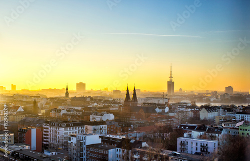 Panoramic view of Hamburg city at sunset